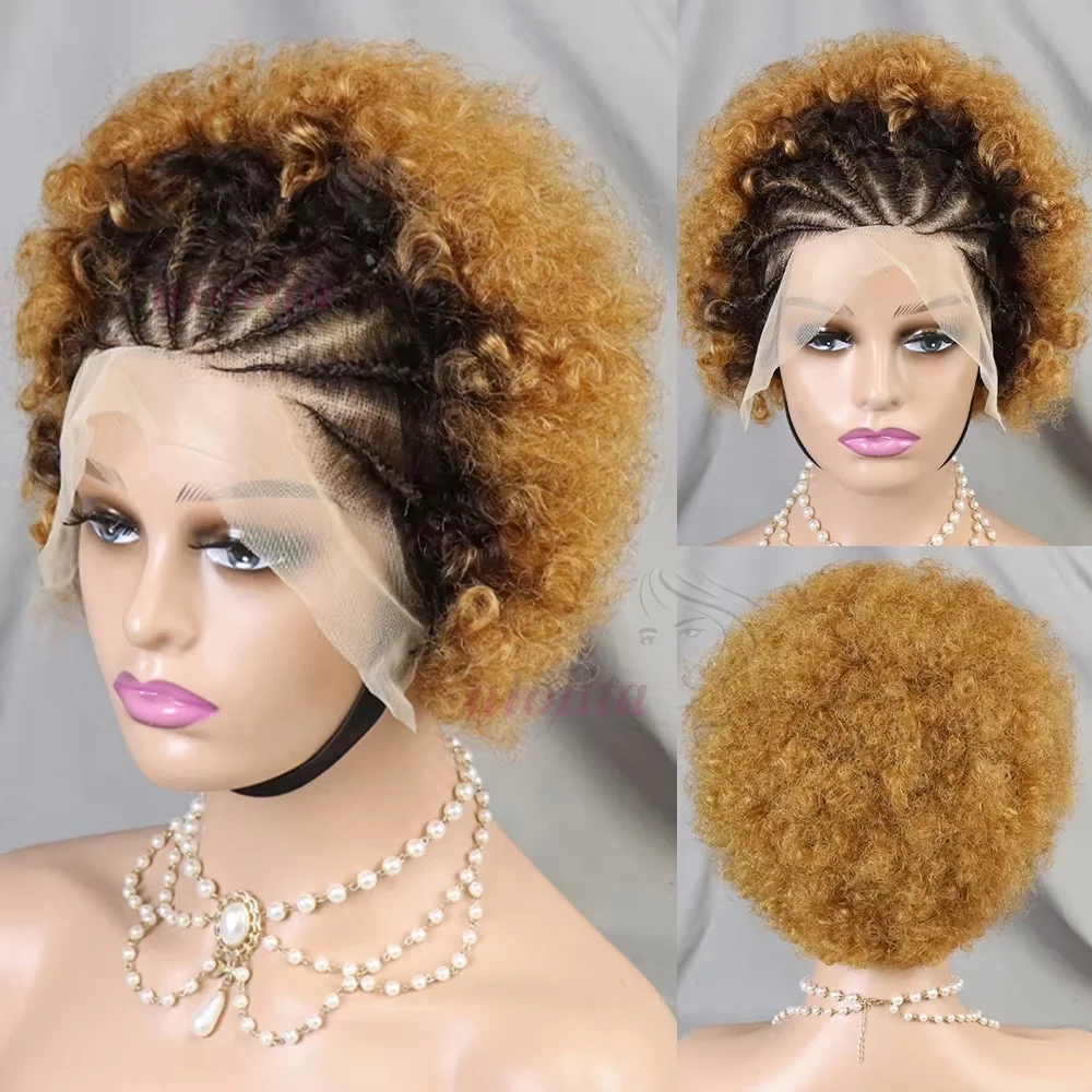 Highlight Ombre Geflochtene Perücken Echthaar Afro Puff Lace Frontal Haarperücken Afro Kinky Curly Echthaar 13x4 Lace Front Vorgeflochten – Detail 28