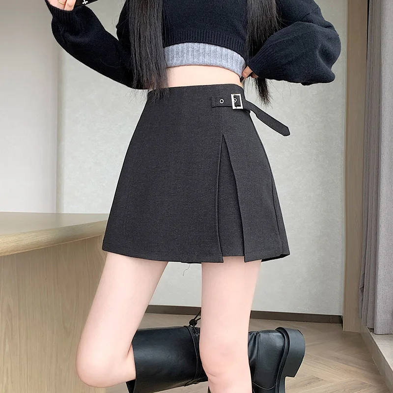 Seoulish エレガントなハイウエストの女性のスカート 2025 冬秋ファッションウール痩身 A ラインショーツスプリットスカート女性のための