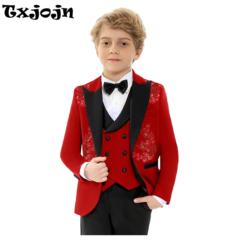 Christmas Boys Slim Fit Suis 4 Pieces Jacket Vest Pants Bow-tie Exquisite Red Beaded Suit Set Birthday Party Outfit 3-14T
