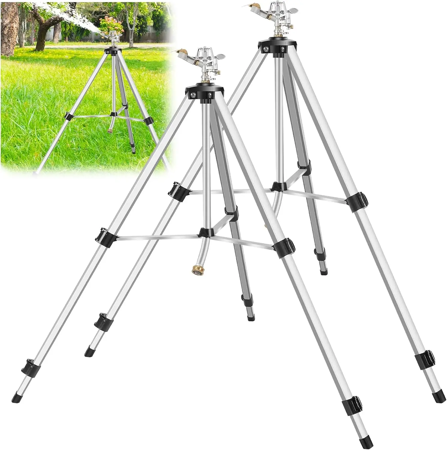 Heavy Duty Impact Sprinkler on Tripod Base,2 Pack 50 Inch Tripod Sprinkler | with Brass Nozzle for Yard Large Area,Extra Tall 360 Degree Rotating,Waters Up to 90 Ft,Legs Extend Up to 50