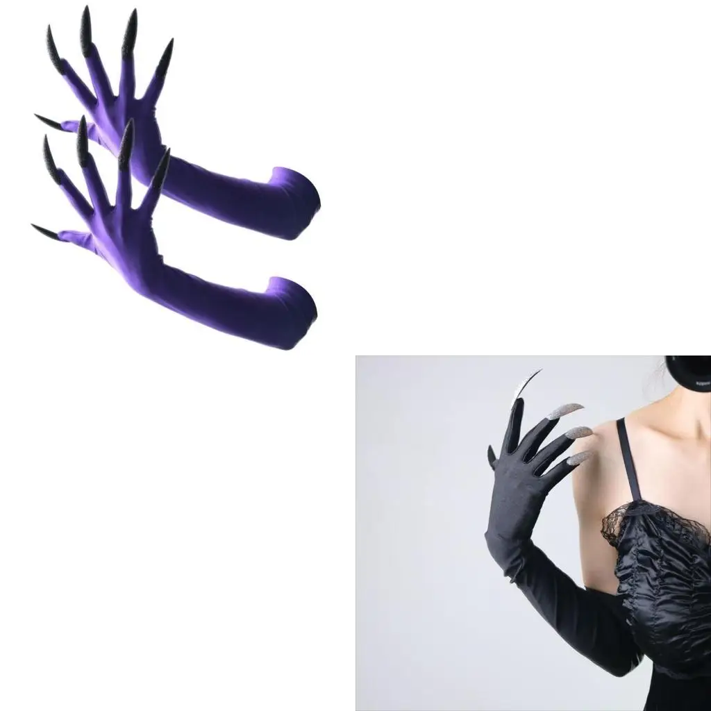 

652F Gothic Long Nails Gloves Breathable Spandex Paws Design Long Gloves For Halloween