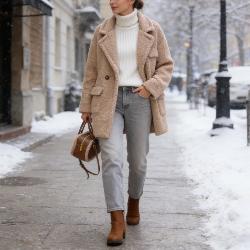 

Krismile 2026 Spring New Arrival Faux Shearling Coat for Women Oversized Lapel Long Sleeves Buttoned Outerwears Camel Jackets