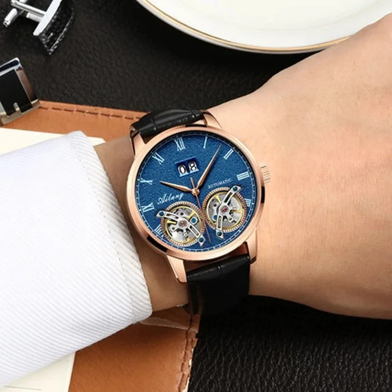 AILANG skeleton double tourbillon fashion luxury brand men tourbillon automatic mechanical watch men sports simulation light