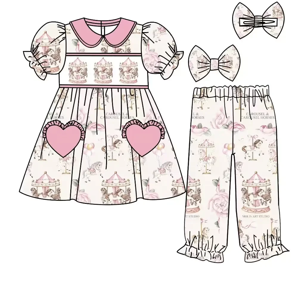 Toddlers Customized Pajamas Set Carousel Clothing Girls Pink Love Pocket Design Boutique Milk Silk Clothing Wholesale