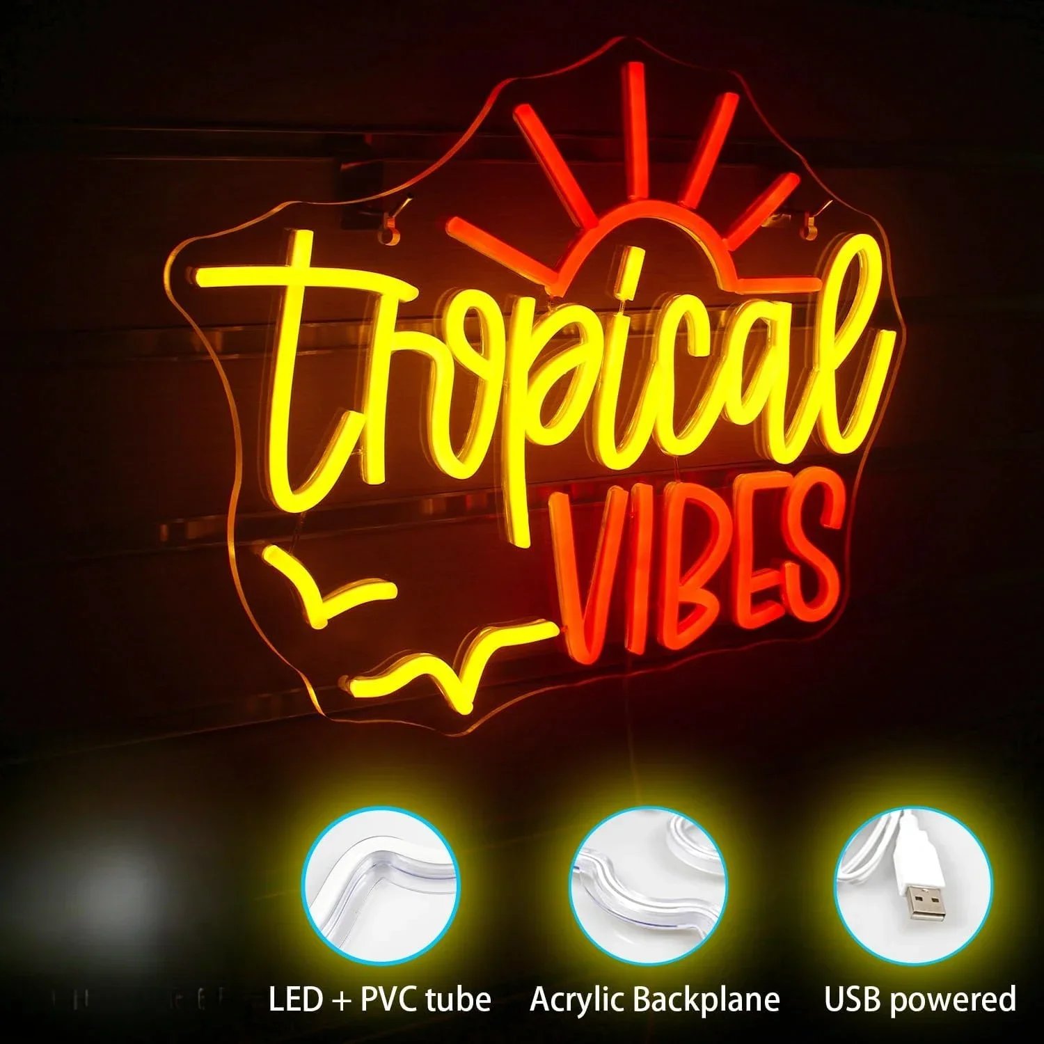 Tropical VIBES Neon Sign USB Dimmable LED Neon Light Sign for Drink Bar Man Cave Bedroom Hotel Shop Game Room Party Wall Decor