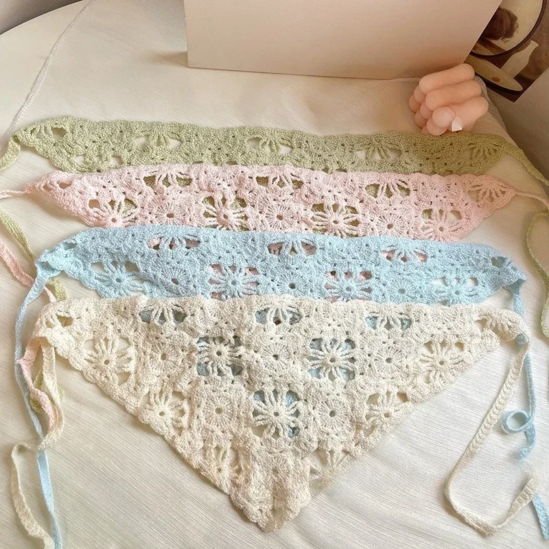 Модный вязаный платок, шапка во французском пасторальном стиле, треугольная повязка на голову, вязаная крючком повязка на голову ручной работы, полотенце, головной платок с цветком в стиле ретро