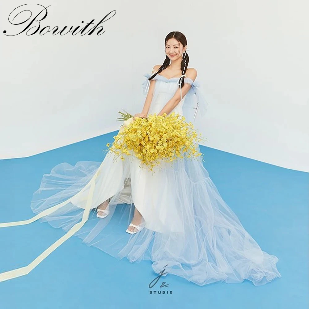 

Bowith Sky Blue Fairy A Line Evening Dresses Korea Photoshoot Off Shoulder Floor Length Wedding Party Gowns Soft Tulle Customize