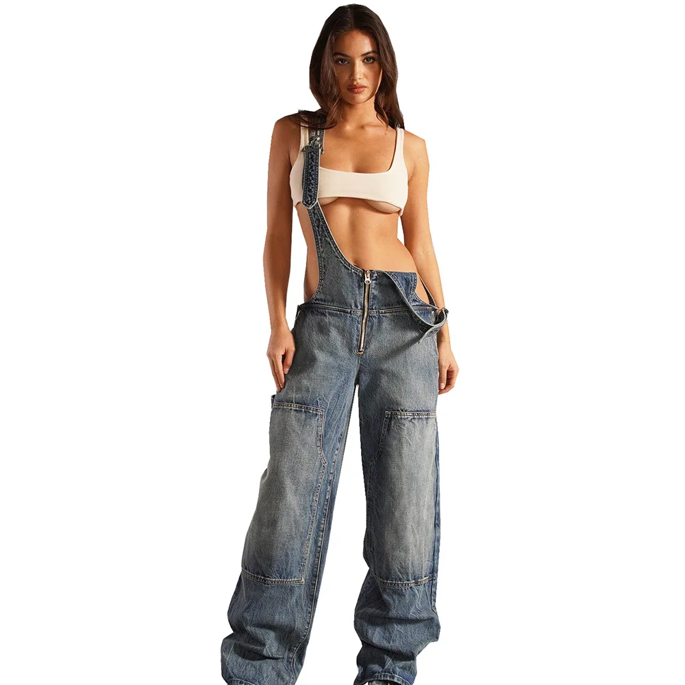 Jumpsuits Women Jeans Overalls Sexy Backless Vintage Full Length Denim Straight Pants Loose Pockets Distressed Washed Casual