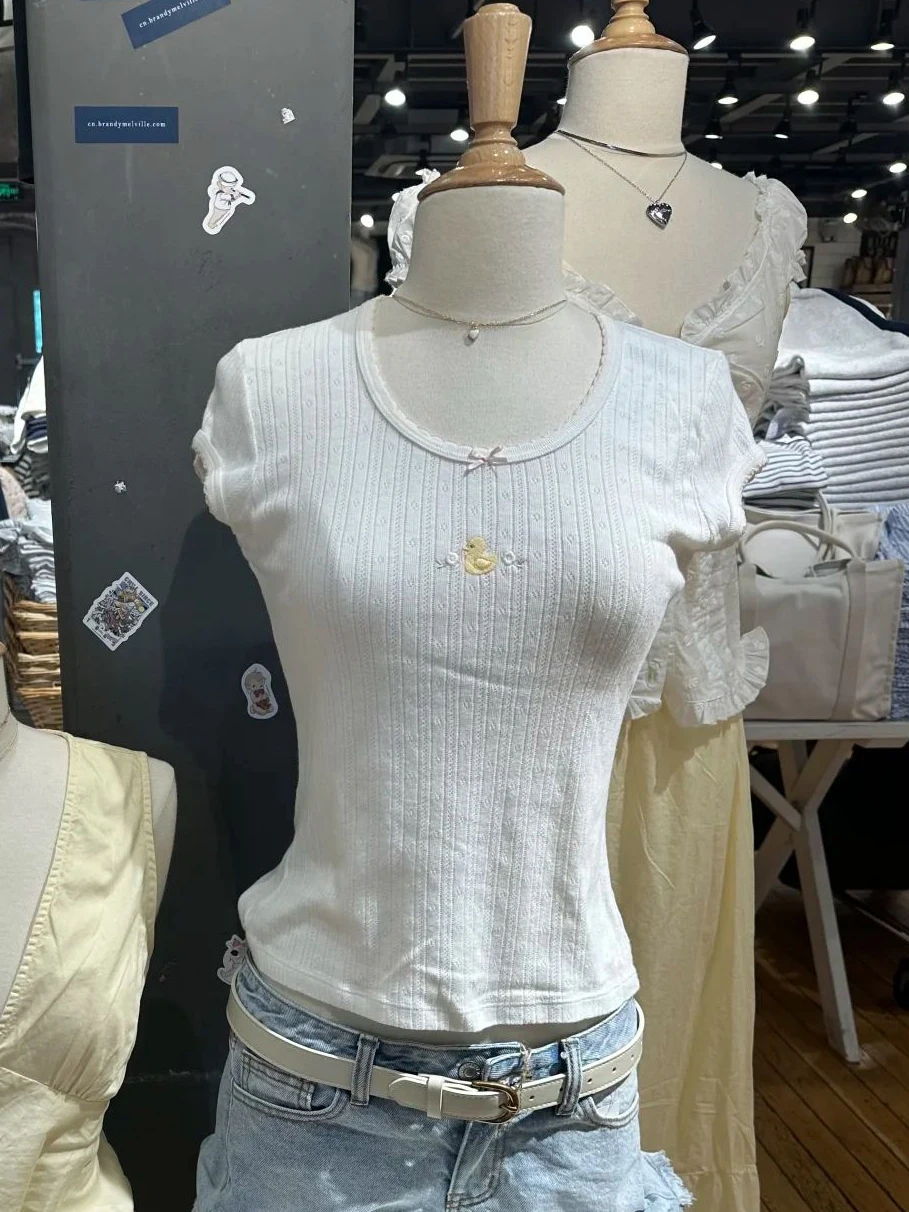 

Little Duck Flower Embroidery Slim T-shirt Women Summer Lace Trim Bow White Eyelet O-Neck Short Sleeve Sweet Cute Tee Shirts New