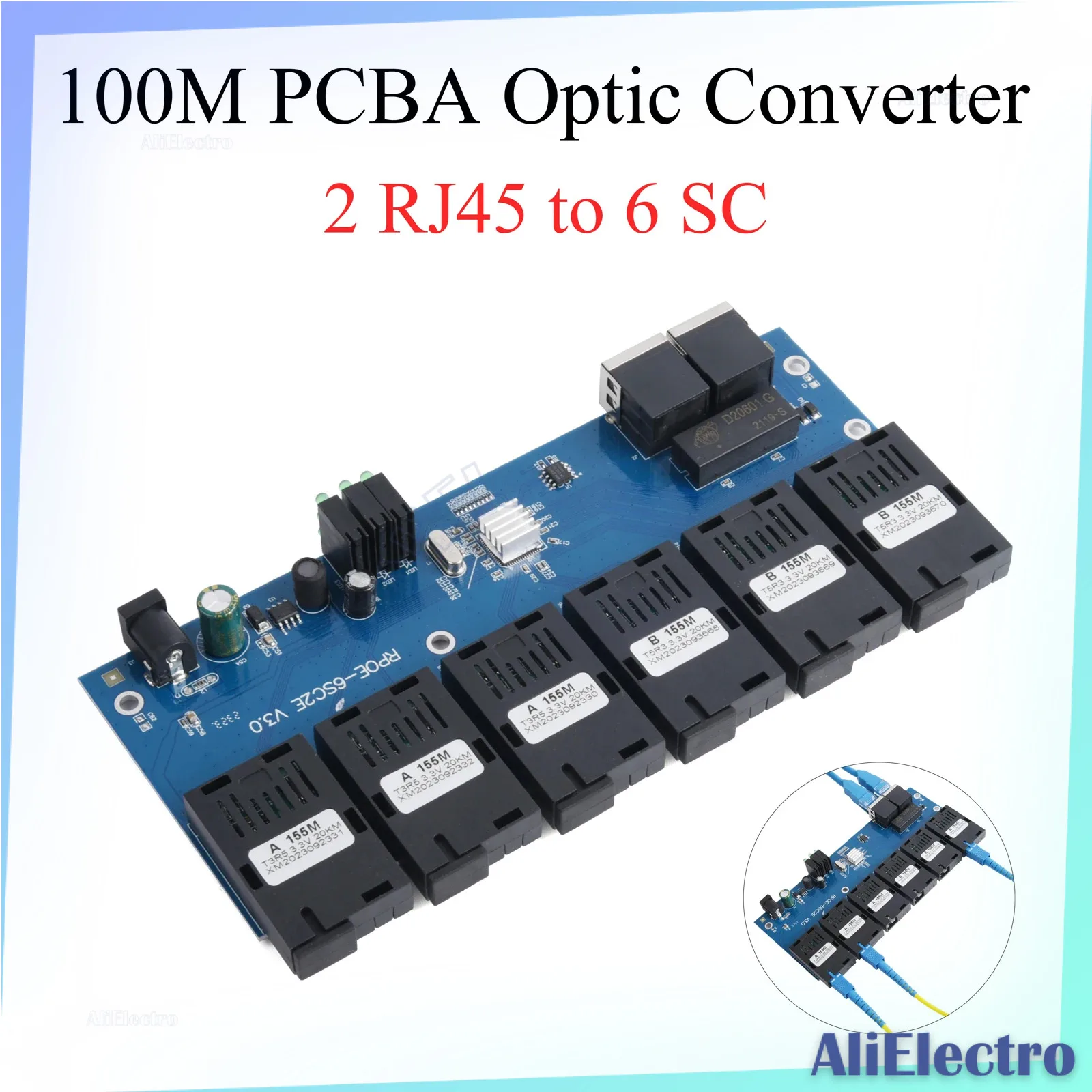 

Fiber Media Converter 2 RJ45 To 6 SC 10M/100M PCBA Board Optic Connector 1310nm/1550nm 3A+3B Ports 20KM Ethernet Switch