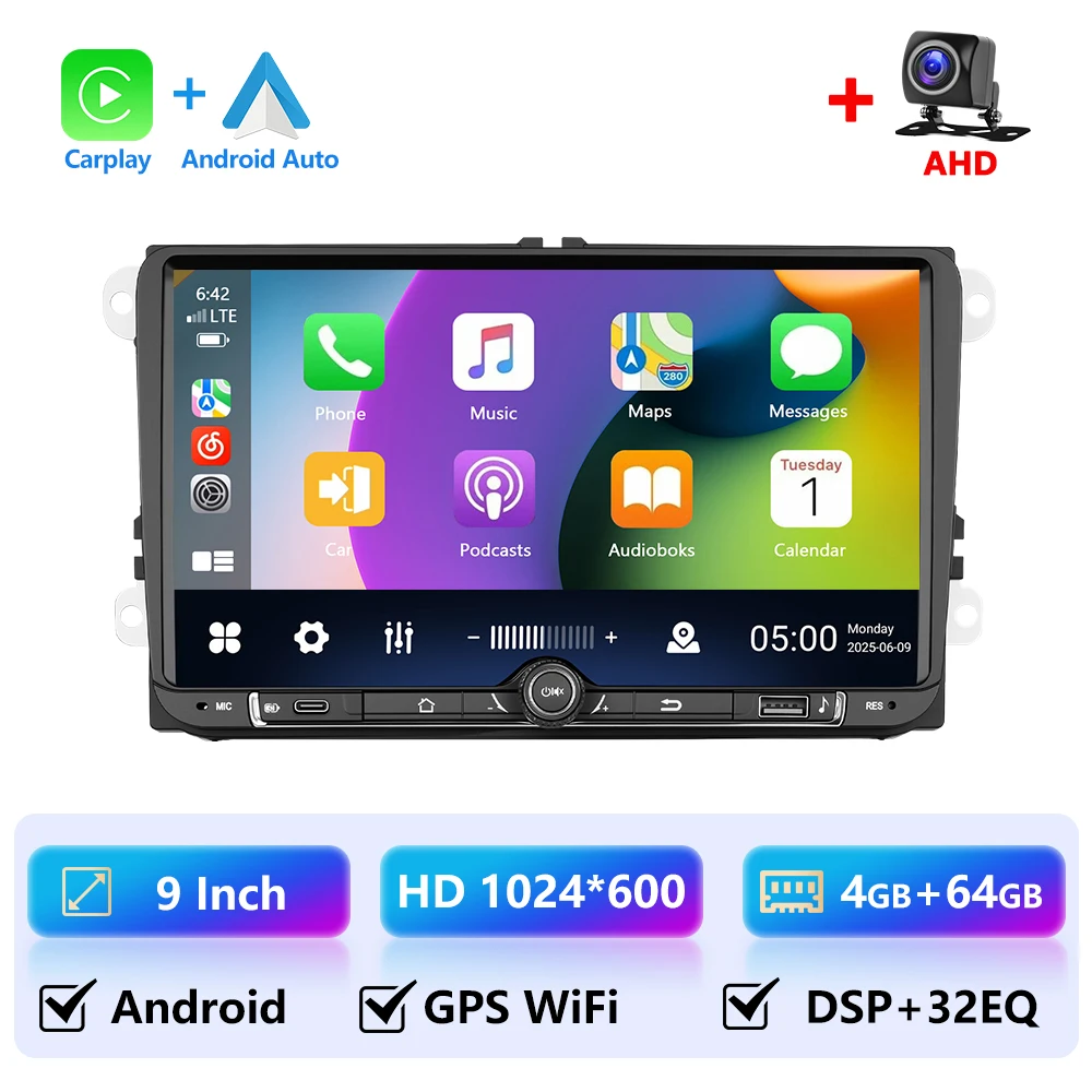 4 + 64G 9 inch Draadloze Carplay Android Auto Voor VW Volkswagen Golf 5 6 Polo Passat B6 B7 CC Skoda Jetta Autoradio GPS WIFI Stereo