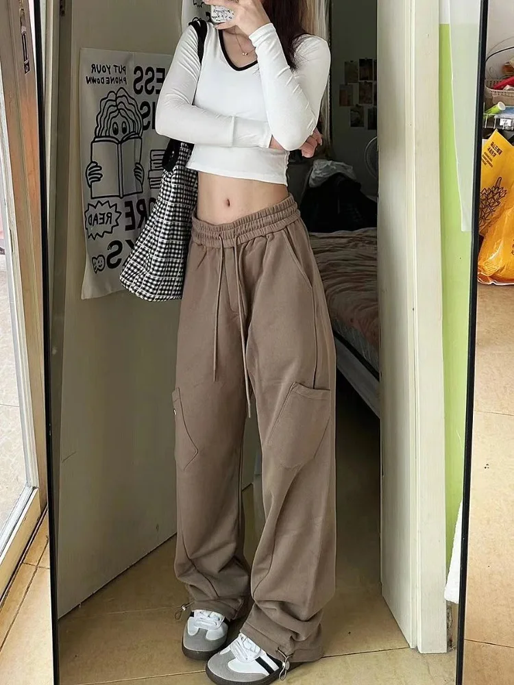 HOUZHOU-pantalones de chándal holgados para mujer, ropa de calle japonesa con bolsillos, Estilo Vintage Y2k, Harajuku, moda coreana