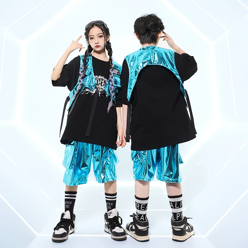 Hip Hop Boys T-shirt Silver Shiny Cargo Shorts Girls Cool Crop Top Streetwear Kids Street Dance Costumes Child Jazz Clothes