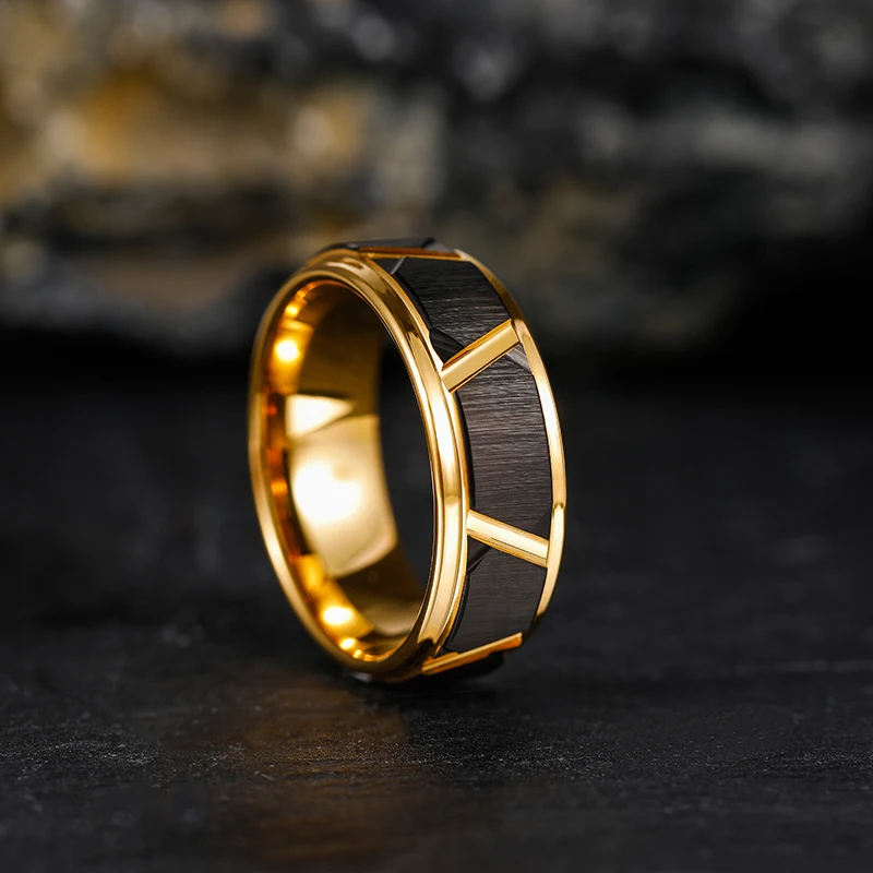 Tigrade-anillos de tungsteno para hombre, patrón de borde biselado de ranura, Color dorado y Negro cepillado, bandas de boda, anillo de compromiso,