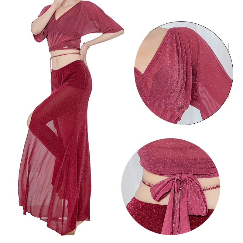 Women's Belly Dance Costume Set Adult Chiffon Tops with Long Skirt Arabic Halloween Party Dance Practice Outfit Clothing.