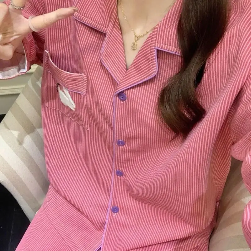 بيجامة أرنب مخططة حلوة جديدة لعام 2025 للنساء لخريف وشتاء سميكة ودافئة من القطن ملابس خارجية طقم ملابس منزلية #4