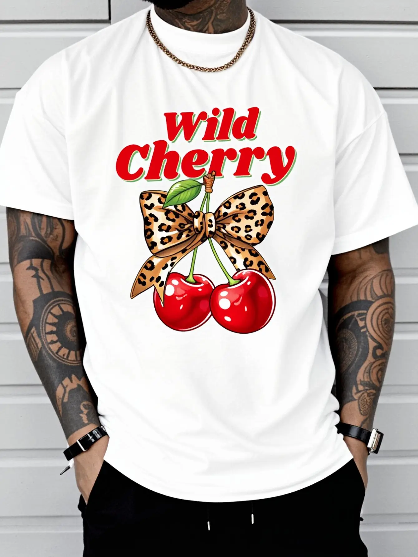 Cherry Lover Leopard Coquette Summer Vibes Wild Cherry T-Shirt Print T-Shirt Casual Crew Neck Short Sleeve Comfort Tee Top For Spring & Summer Men's Clothing