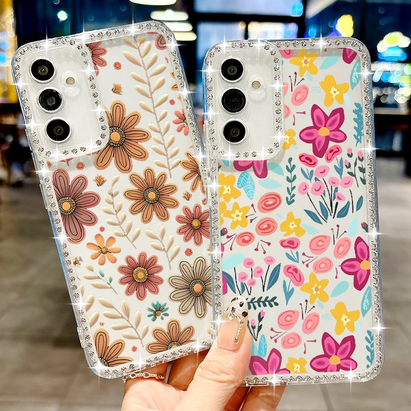 Watercolor Flower Diamond Case For Samsung Galaxy S25 Ultra S24 S23 S22 S21 FE A15 A16 A26 A35 A36 A54 A55 A56 5G S25 Edge Capa