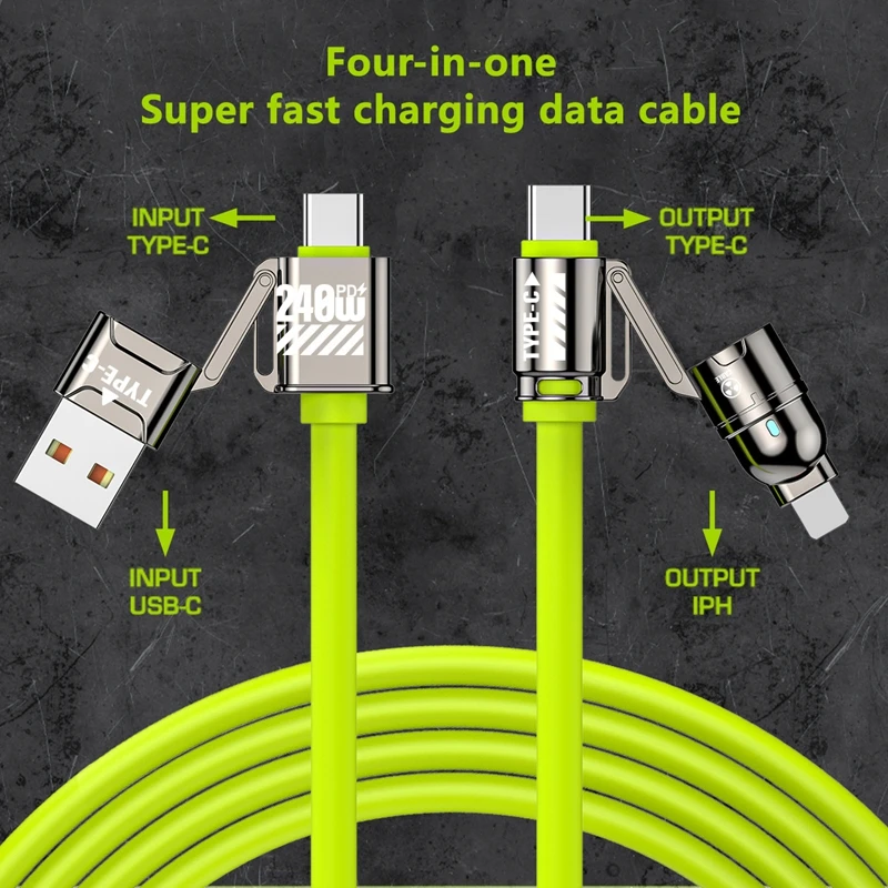 OnePlus 240 Вт силиконовый кабель для быстрой зарядки 4-в-1 для IPhone 16 15 14 13 12 ProMax для Samsung S25 S24 S23 для LG для Moto G Oppo