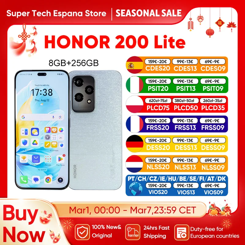 Globale Version Honor 200 Lite 5G Smartphone 8GB+256GB Mediatek Dimensity 6080 AMOLED 6,7 Zoll 4500mAh 35W Supercharge 108MP