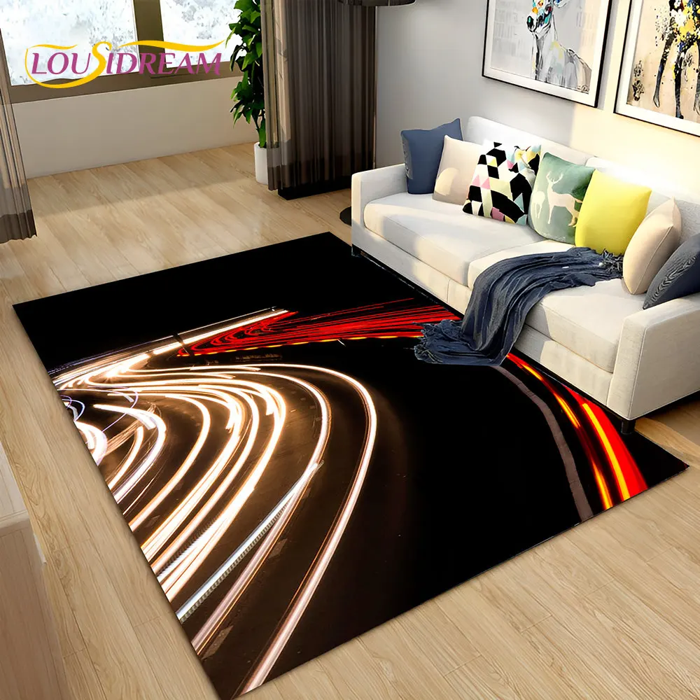 3D Neon Expressway Track Road Area Rug Large,Carpet Rug for Home Living Room Bedroom Sofa Doormat Decor,Kids Non-slip Floor Mat