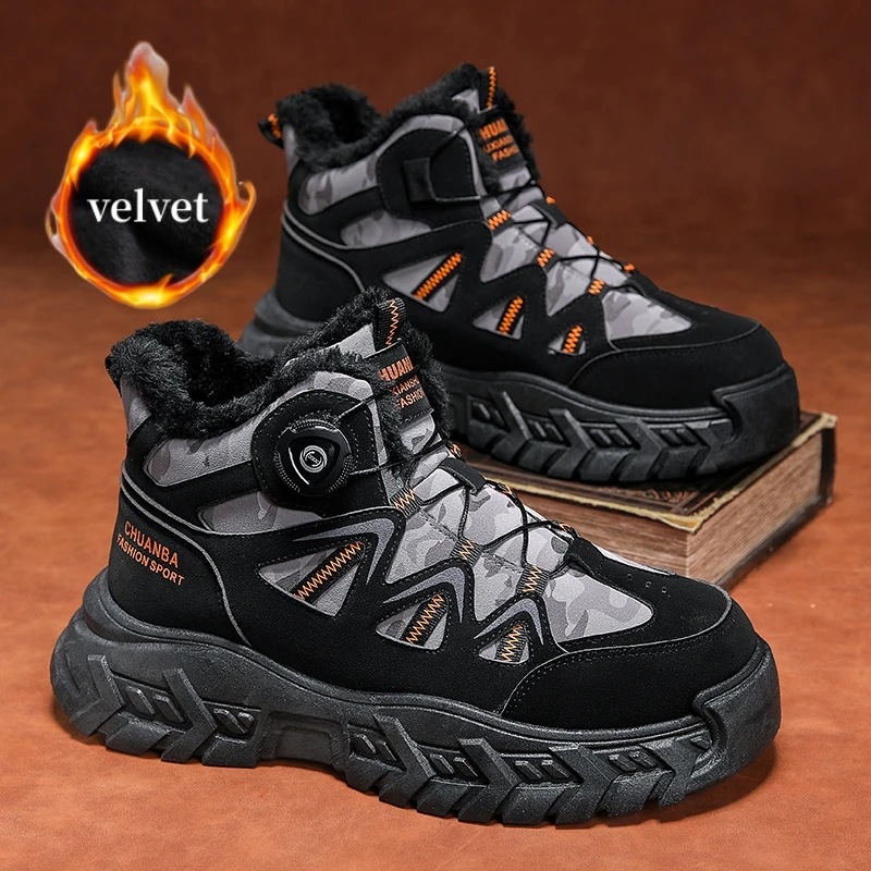 

Winter Velvet Men's Bikers Boots Knob Comfy Warm Fur Motorcycle Boots Men Outdoor Non-slip Snow Boot Man Platform Working Shoes