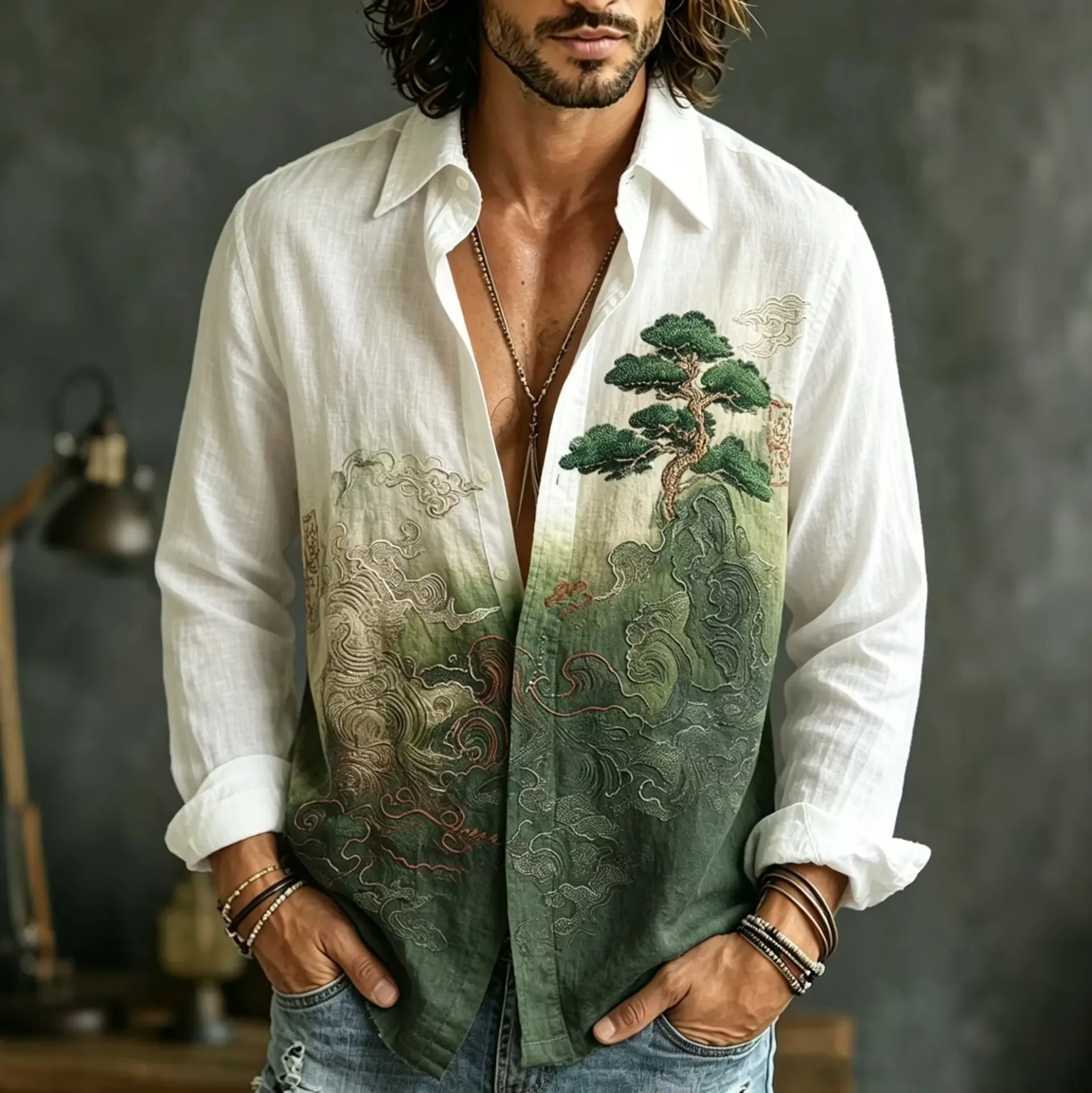 Men's Retro Casual Long Sleeve Shirt, Chinese Style Bamboo Splicing, Military Green Contrast Lapel