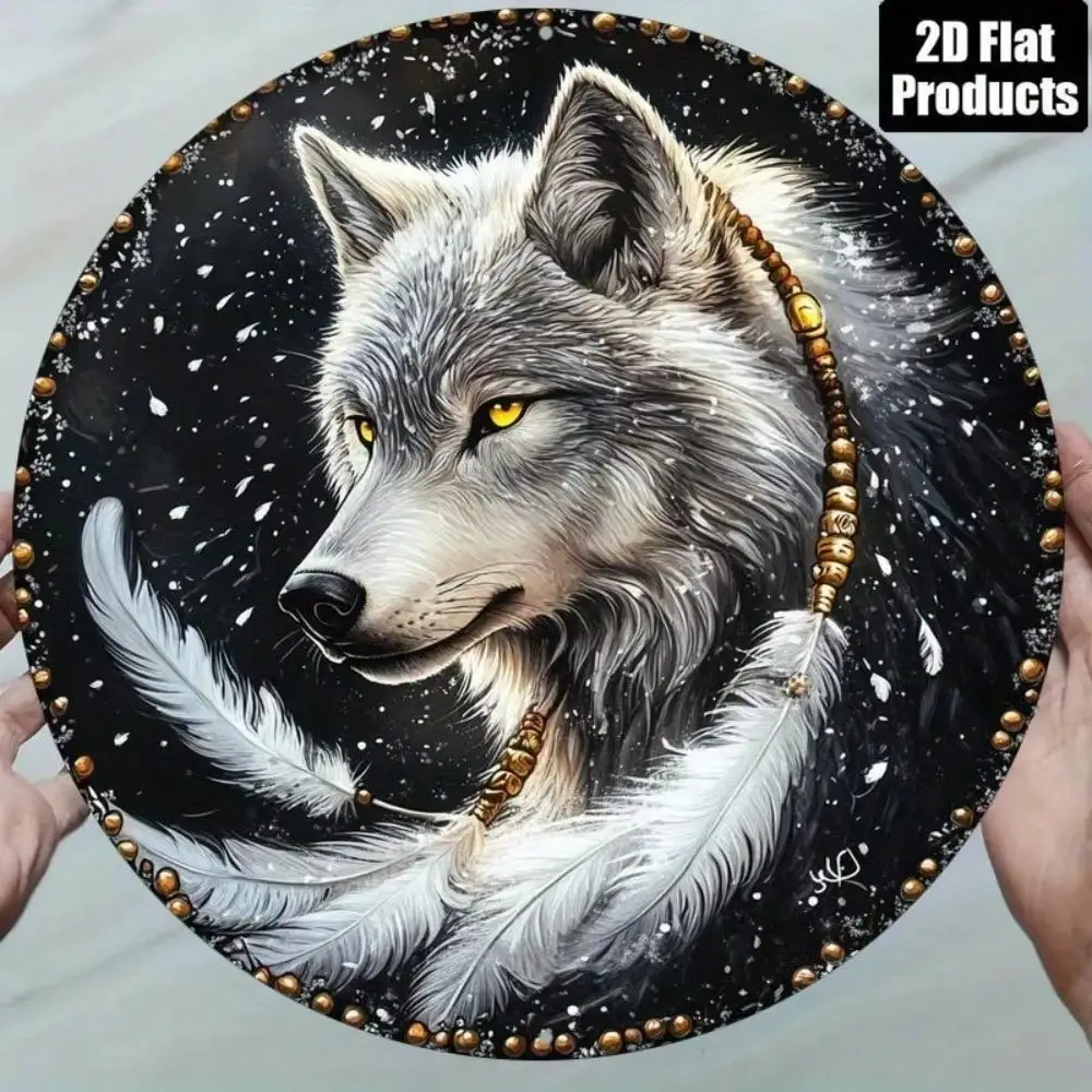 MoonAura Metal Dream Catcher Wall Art, 2D White Feather Round Sign with Night Sky Design for Bedroom Living Room Home Decor