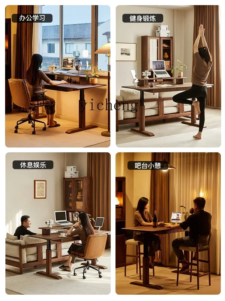 l1 North American Black Walnut Lifting Desk Solid Wood Electric Desk Bar Table