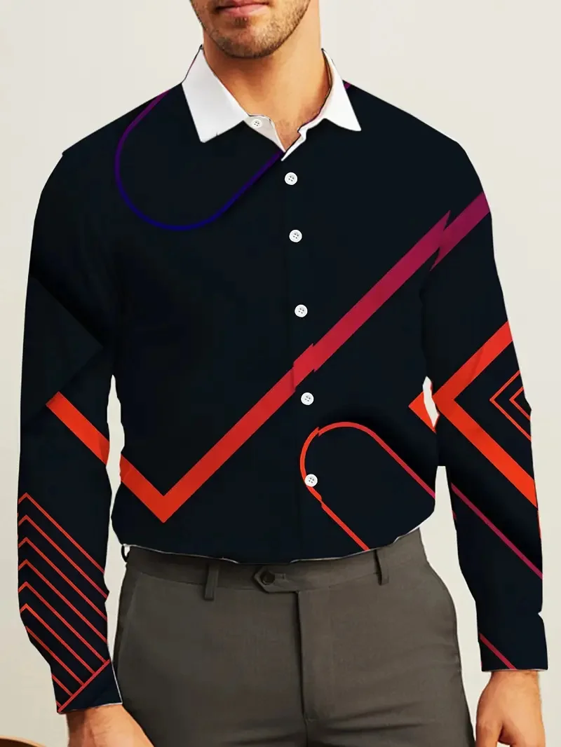 

Designer New 3D Printed Pattern Line Striped Shirt Fashion Men Long Sleeve Street Outdoor Casual Collar
