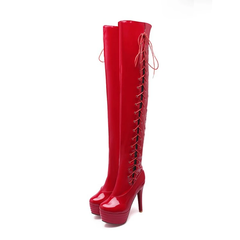 

Over The Knee Boots Women High Heels Side Cross Tied and Inner Zip Party Sexy Platform Thigh High Boots Plus Size 52 M-861