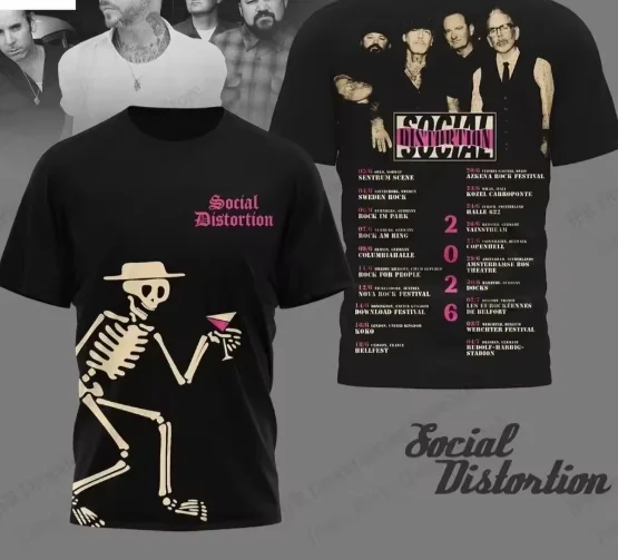 Social Distortion 2026 Tour Double Sided Men Women Punk Rock Skeleton Martini Graphic Tee Casual Short Sleeve Cotton T Shirt