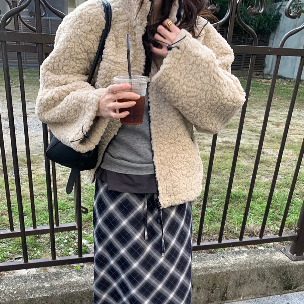 

Korean Sle Loose Fit Lamb Fur Jaet Autumn Winter Women's ort Outerwear Dstring Cuff Warmth Faion Ladies Coat