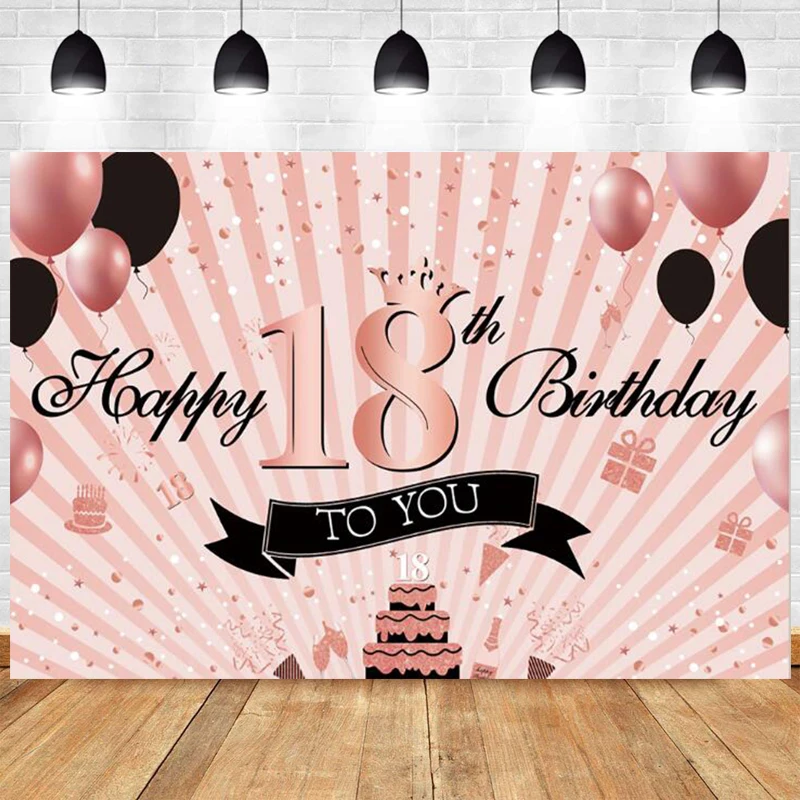 Pink 18th Photo Backdrop Eighteen Girls Happy Birthday Party Balloon Young Photograph Background Banner Decoration Prop