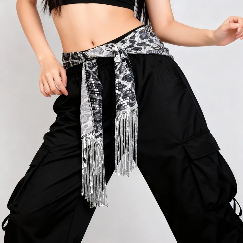 Cool Hip-hop Leopard Print Sequin Scarf Y2K Streetwear Street Dance Belt Harajuku Hip-hop Waistband Jeans Decor