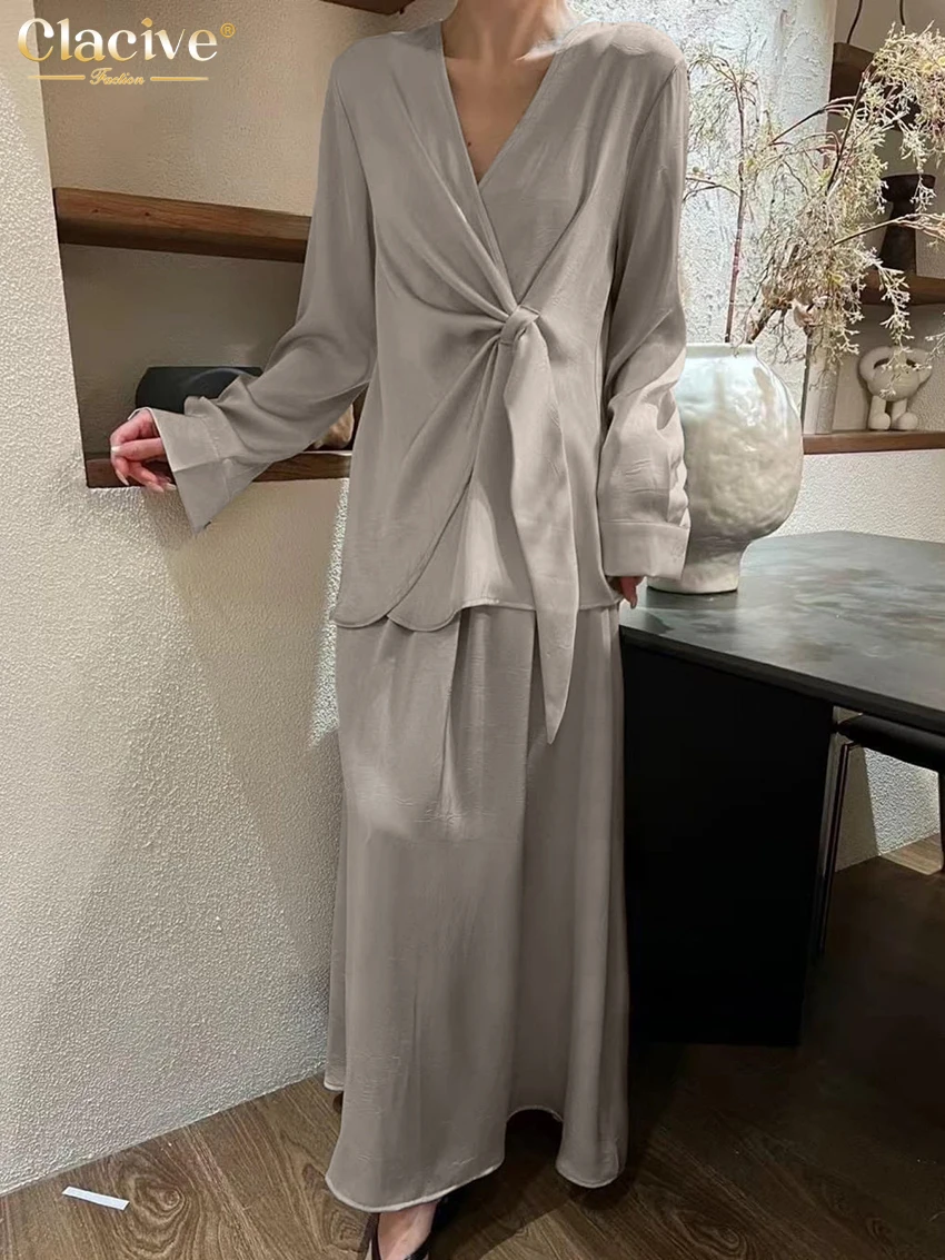 

Clacive Fashion Loose Gray Satin Women's Two Pieces Set 2025 Elegant Long Sleeve Shirt With High Waist Maxi Skirt Set Female