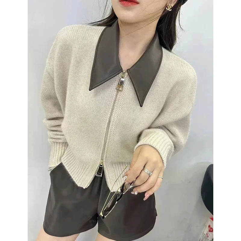 Korean Style Female Sweater Long Sleeve Pu Leather Turn-down Collar Patchwork Double Zipper Fly Women\'s Knitted Jacket Lady Coat