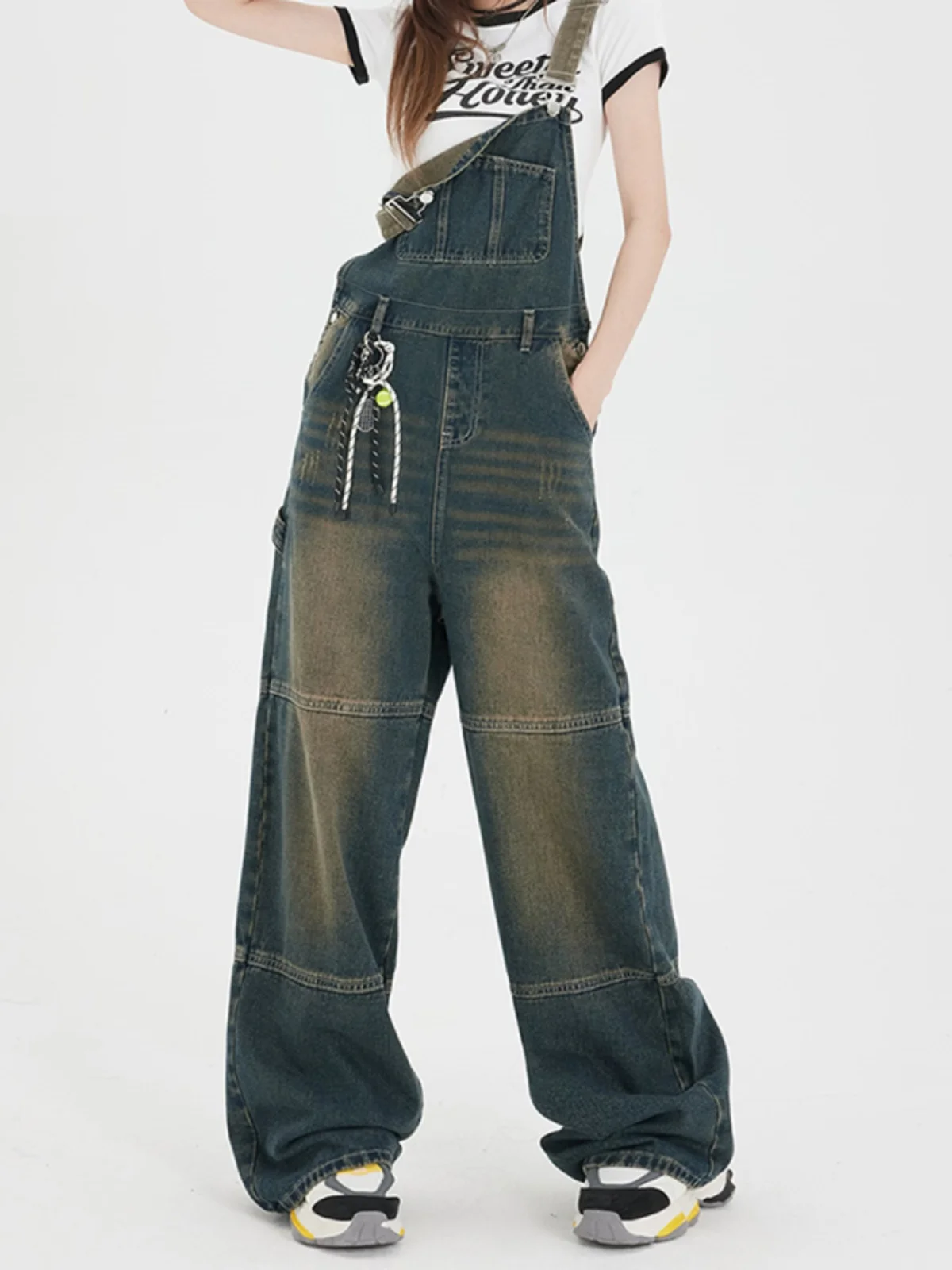 

American Retro Lazy Loose Denim Overalls Versatile Slimming Waed Wide Leg Floor-Length Drapey Strap Pants Women's Jeans