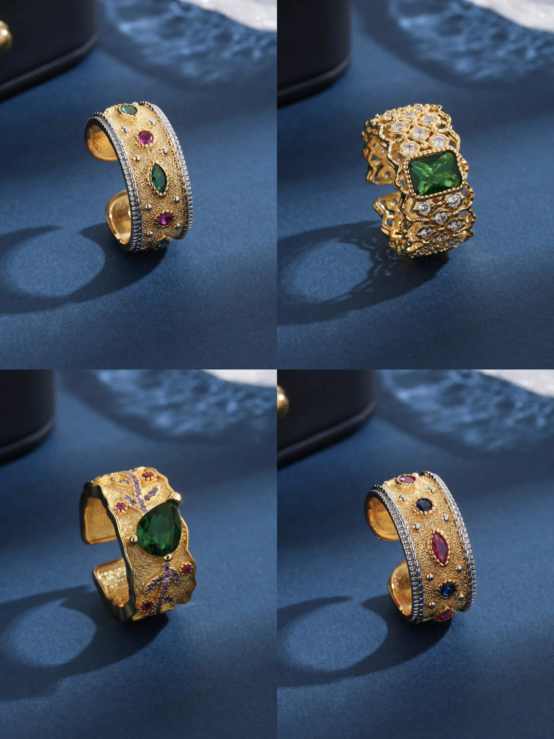 

Italian High Fine Jewelry Gold Tulle Rigato Emerald/Ruby/Rainbow Sapphire Open Rings Multi-gemstone Luxury Lace Hollow Bands