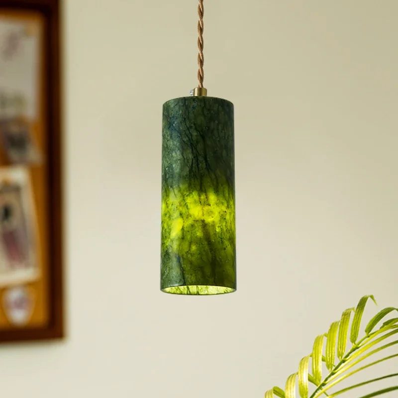 Natural Jade Small Chandelier Creative Art Medieval Entrance Hanginglamp Jade Green Marble Retro Bedroom Bedside Pendant Lamp