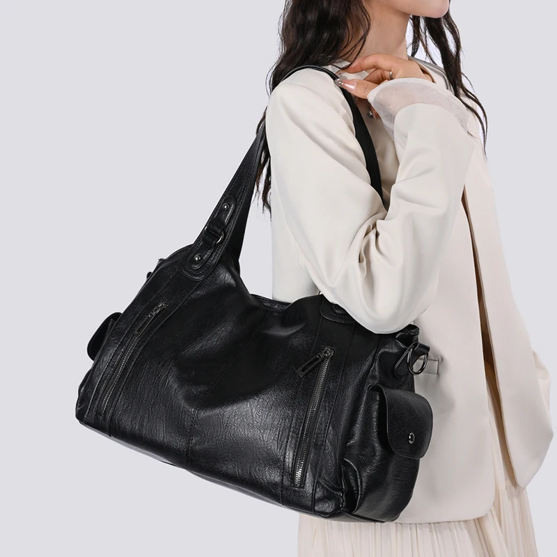 Damen Vintage PU-Leder Handtasche mit mehreren Reißverschlusstaschen, modische Schulter- und Umhängetasche für Arbeit, Alltag und Reisen – Detail 9
