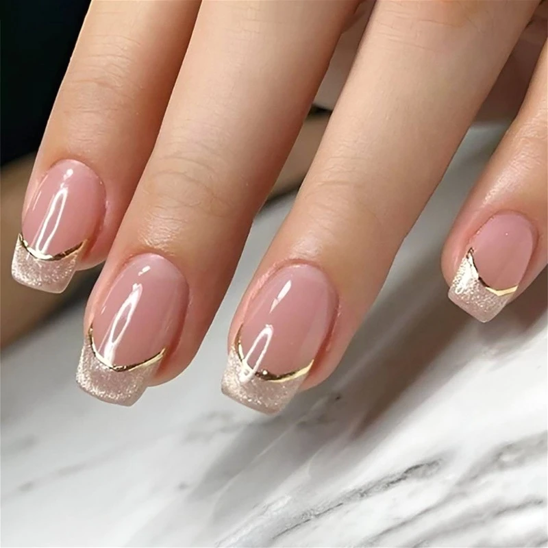 

Gold Edge Sparkling Cat Eye French Short Nail Art Nude Pink Wearable Fake Nails Detachable Finished False Nails Press on Nails