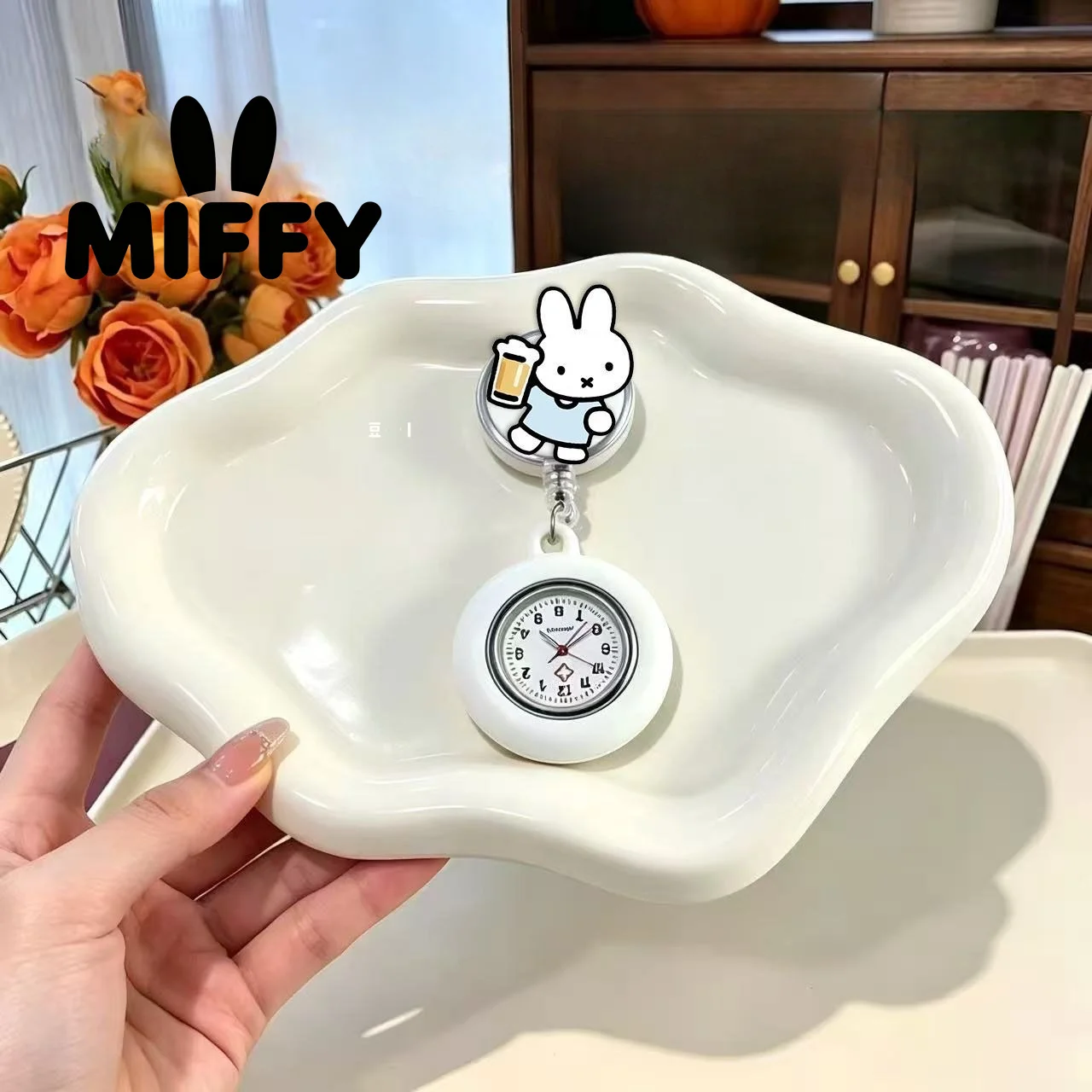 Cute Miffy Bunny Pocket Watch Cartoon Rabbit Retractable Clip-On Clock Kawaii Portable Lapel Watch Gift for Students Nurses view 4