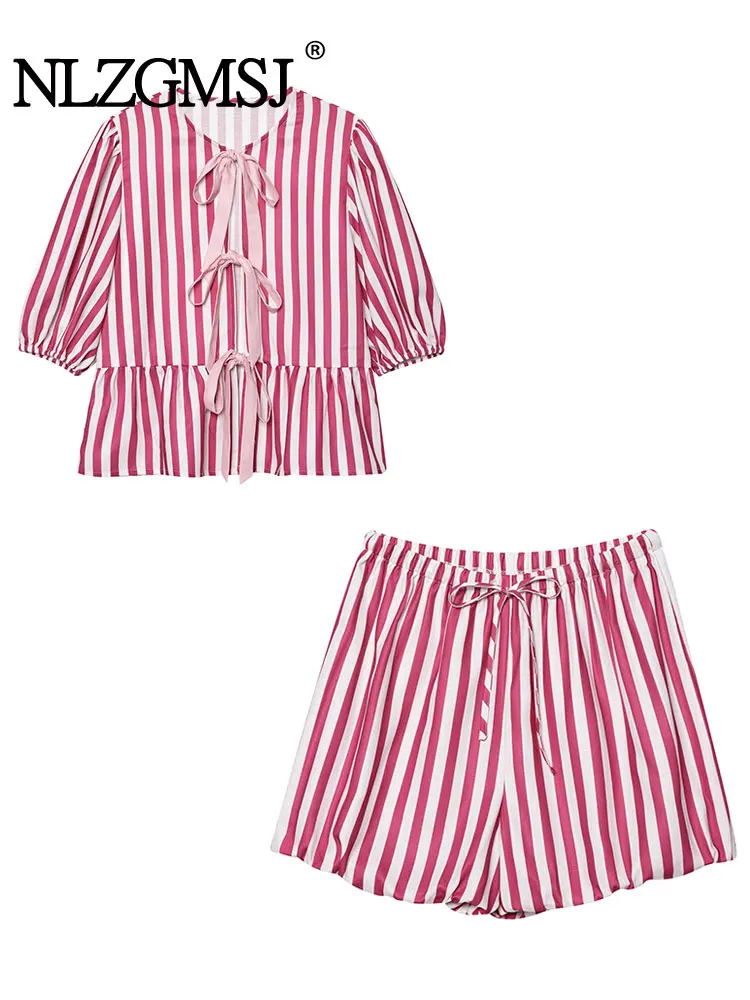 

2025 Summer Casual Striped Chic Women Suit Bow Tie Tied Blouse Loose Straight Shorts New Fashion Sets