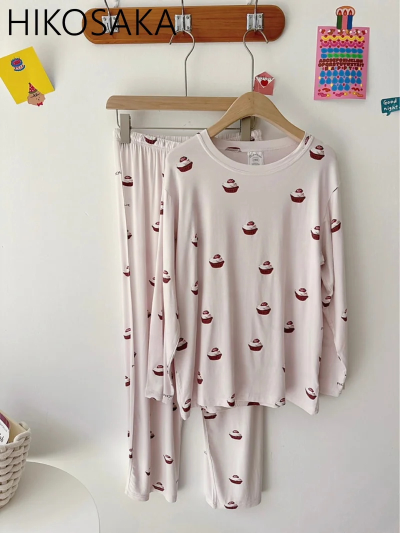 Summer New Japanese Cute Cartoon Printed Pajama Sets O-neck Long Sleeve Trousers Homewear Suit Loose Casual Outdoor Sleepwear