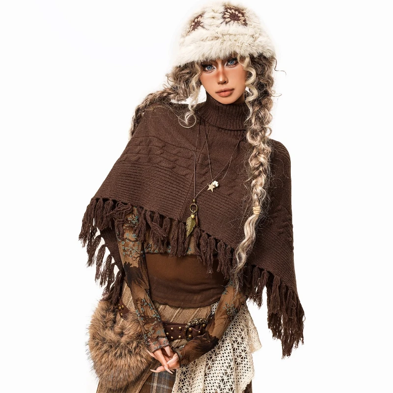 Americano retro design café cor irregular borla malhas femininas outono inverno nova gola alta quente menina capa xale senhoras