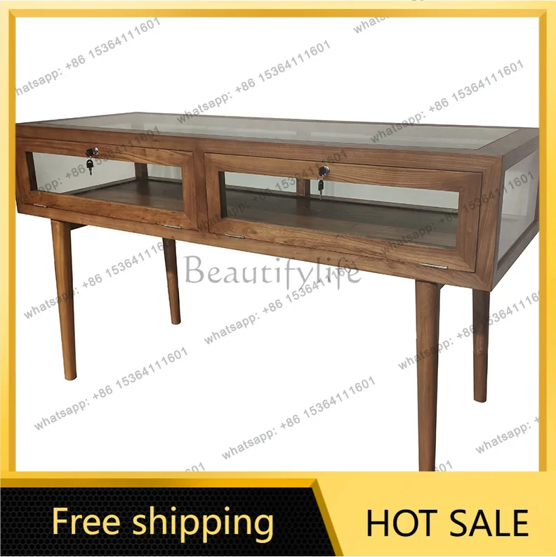 New Chinese style solid wood jewelry glass counter jewelry display cabinet with lighting custom boutique container