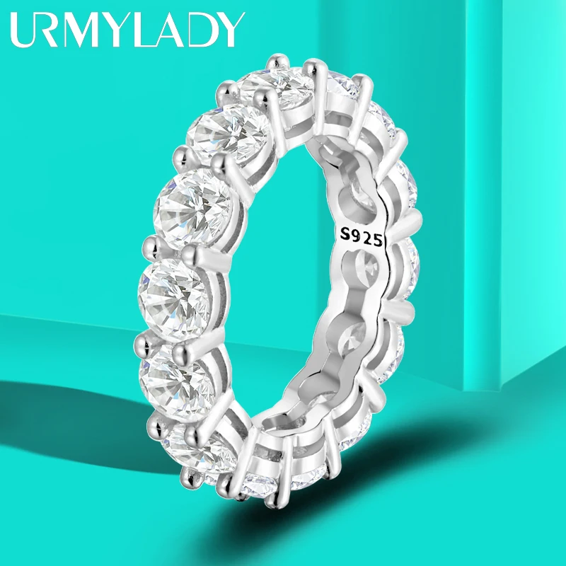 

URMYLADY 5mm Full Moissanite Ring for Women Sparkling Wedding Eternity Bands 100% S925 Sterling Silver Jewelry Classic Ring GRA