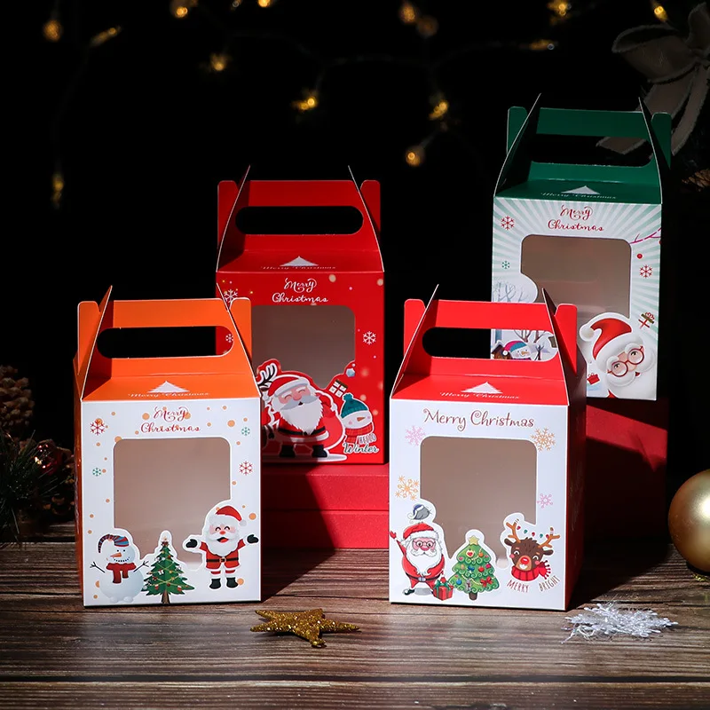 

11x9.5x9.5cm Christmas Cupcake Cookie Paper Boxes with Window Insert Handle Muffin Pastry Holder Boxes Xmas Cupcake Gift