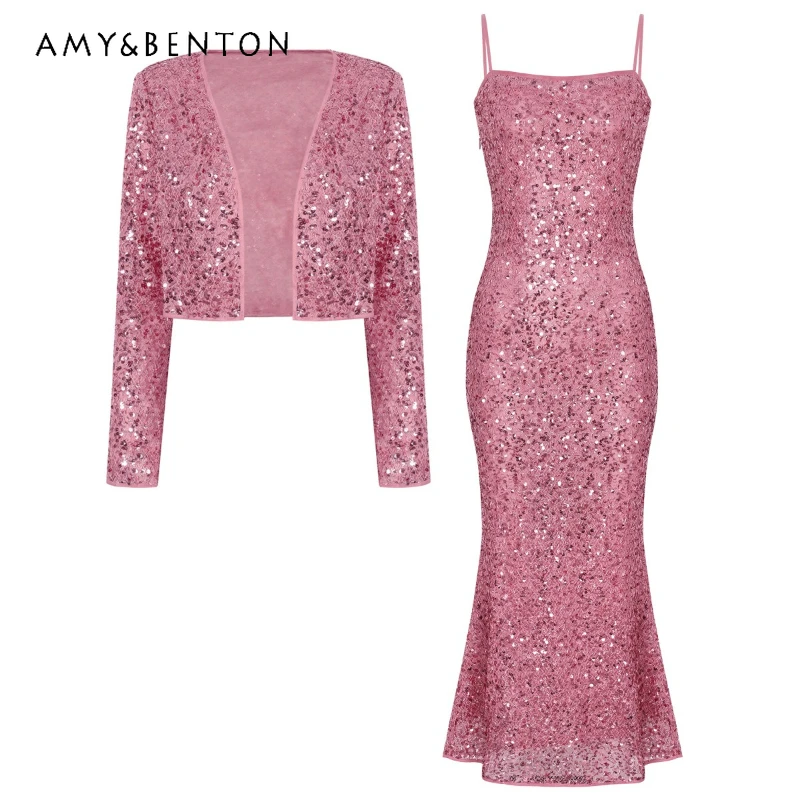 

Spring Summer New Fashion Sequin Elegant Women's Top Cardigan Jacket Original Design Solid Color Slimming Sling Dress Set Ladies